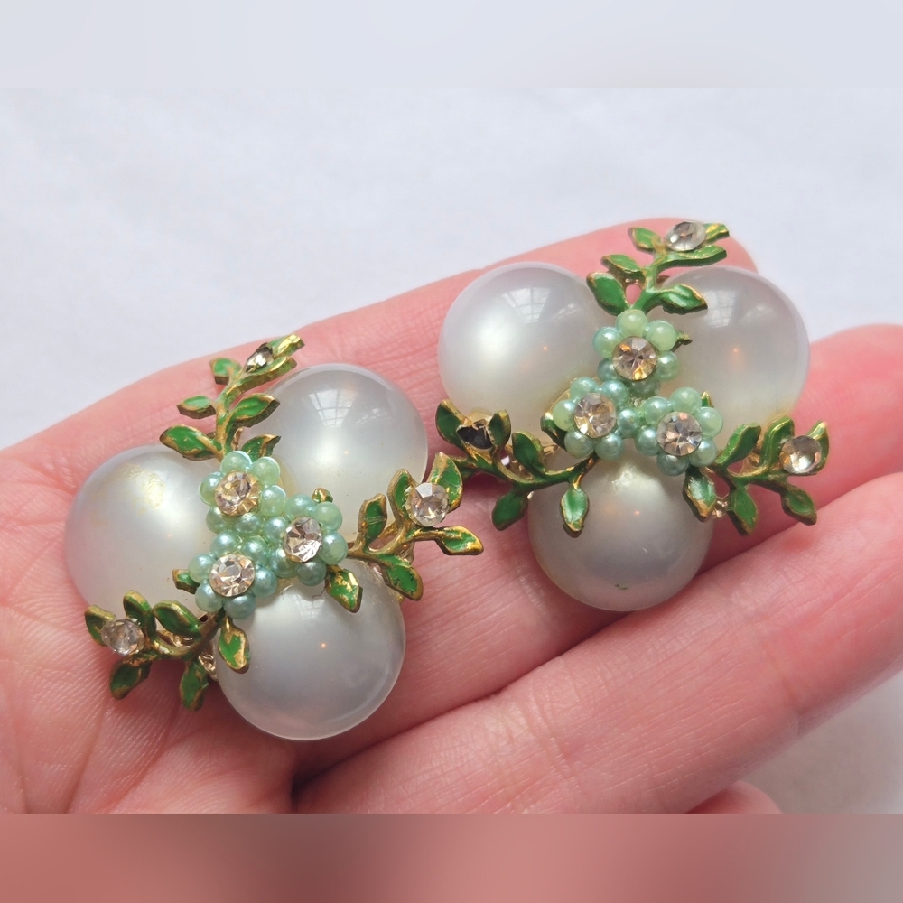 Vintage Clip-On Earrings 3 Moonglow Stones 3 Blue Flowers Leaves & Rhinestones